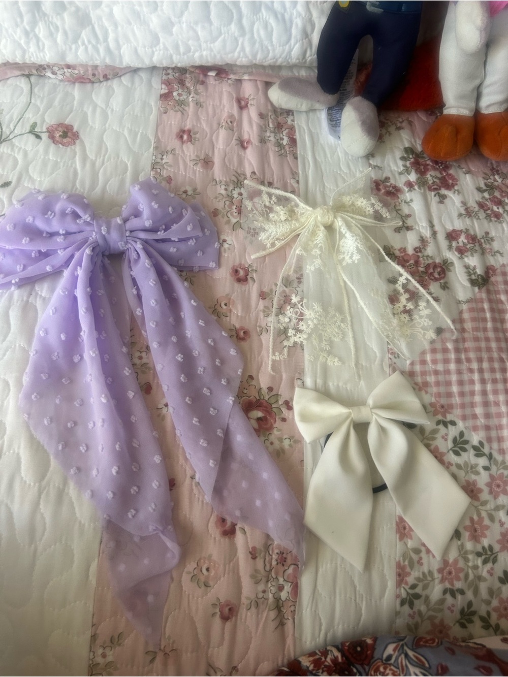 Set of Three Decorative Hair Bows - Lilac, Ivory Lace, Cream Satin